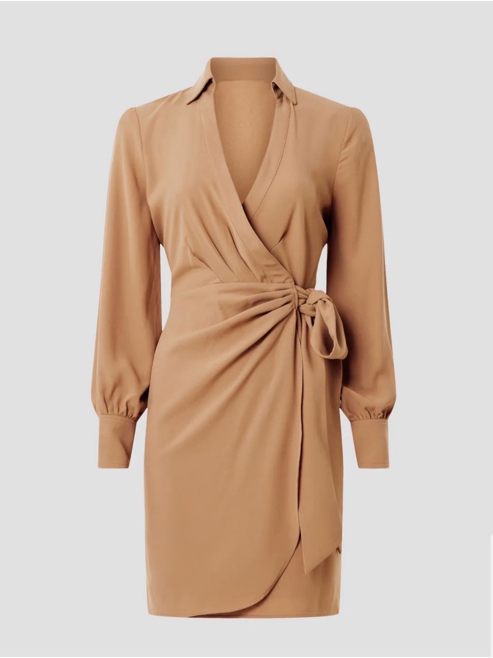 Ralph Lauren Fiondra beige tan Camel Wrap-Style Long Sleeve mini dress 14 EUC